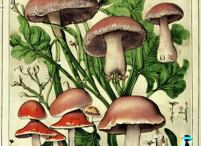 Image similar to mushrooms very rich life textbook scientific botanical mycological illustration, made by Wenceslas Hollar and Ernst Haeckel in vintage Victorian England colourised print style with saturated colours