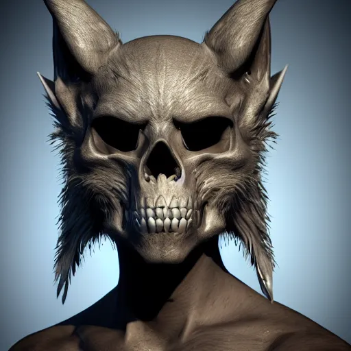 Prompt: highly detailed render of a man wearing a skull fox mask, vray render, unreal engine, highly detailed faces, thin body,