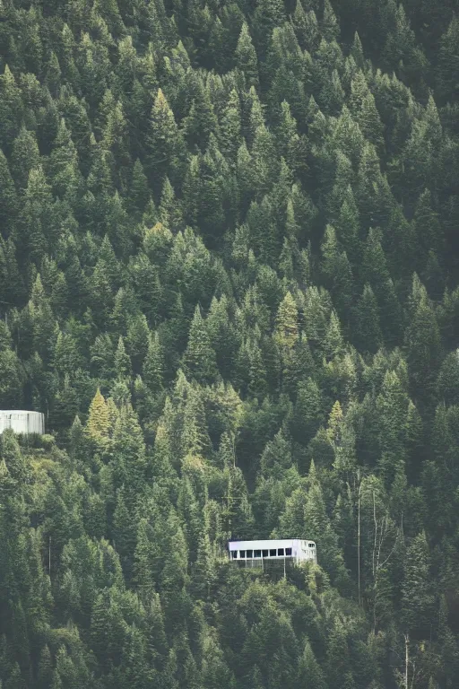 Image similar to sci fi nuclear containment buildings in a steep sided valley with trees, ufo flying around, a sense of hope and optimism, birds overhead, stark light, day time, unsplash, national geographic, hd, high res