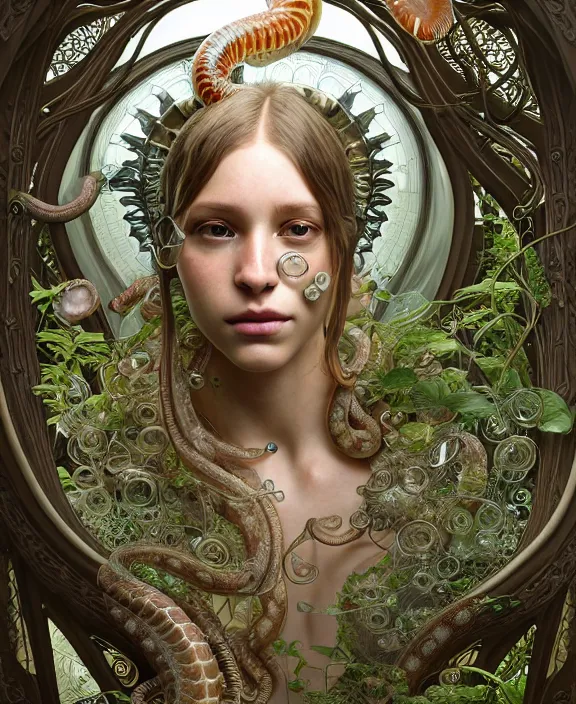 Prompt: intricate ornate opulent transparent clear see - through portrait of a horrific beautiful male human nautilus snake, adorable, childlike, overgrown biopunk jungle environment, ultra realistic, concept art, art nouveau, photorealistic, octane render, 8 k, unreal engine. art by christopher marley and artgerm and greg rutkowski and alphonse mucha