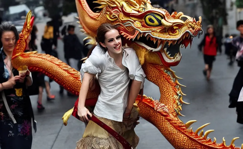 Image similar to Emma Watson riding a Chinese dragon
