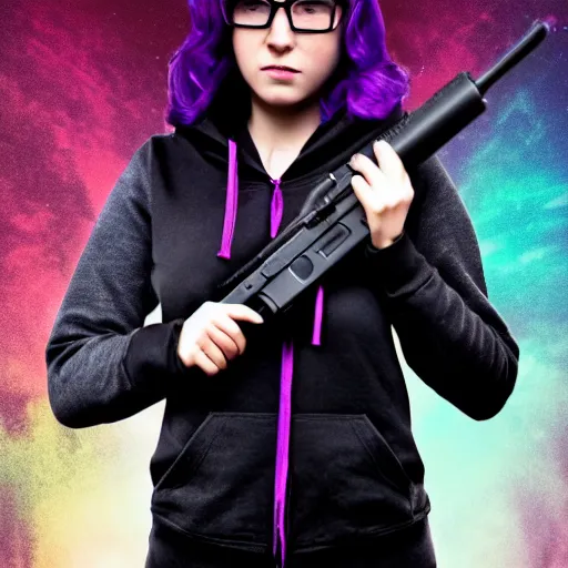 Image similar to poster artwork, sci fi, art type of photo, a female, full body, black hoodie techie, black hair with purple streaks, holding a gun, 8 k