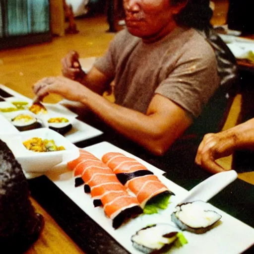 Prompt: aborigine eating sushi