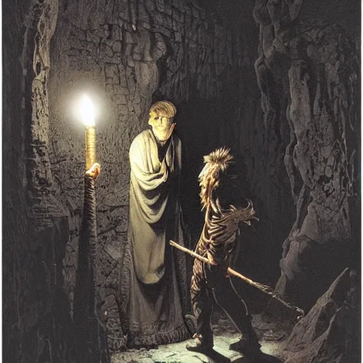 Prompt: an adventurer lights a torch in the depths of a dark dungeon, dramatic lighting, fluid, smooth, bright, colours, high contrast, sharpness, very detailed, intricate, by donato giancola, gustave dore and junji ito and caravaggio