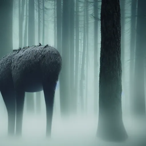 Image similar to a very detailed photograph of a wendigo in a dark foggy forest 4 k, high resolution, still, landscape, hd, dslr, hyper realistic