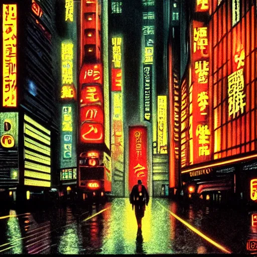 Prompt: 35mm film still blade runner set in a rainy tokyo, warm colors, moody, skyscrapers by Alex grey