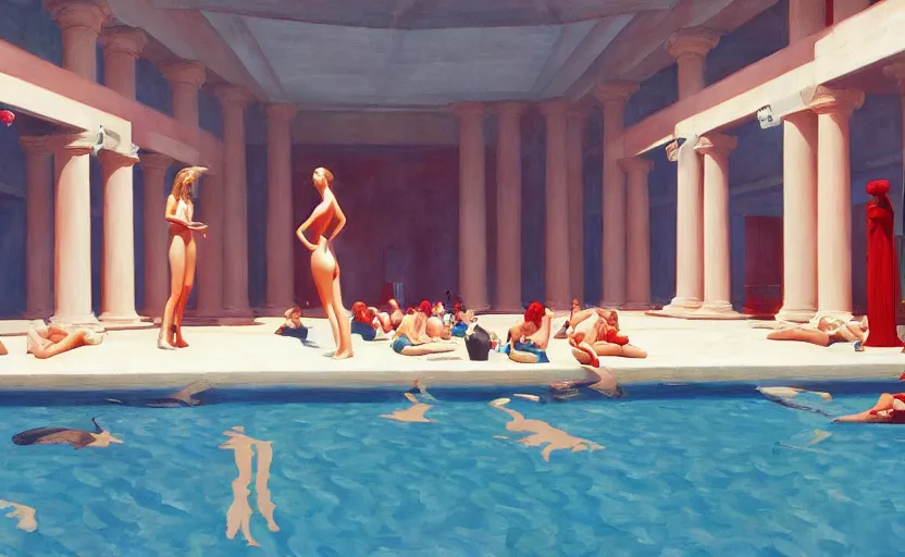 Prompt: Inside a big greek goddess pool and ladies in bikini, very coherent, painted by Edward Hopper, Wayne Barlowe, painted by James Gilleard, airbrush, art by JamesJean
