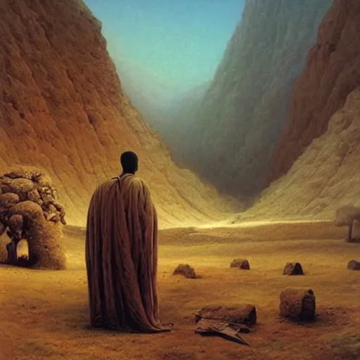 Prompt: a creepy 8K RESOLUTION OIL PAINTING OF an african moor wearing white robes in the valley of the kings, BY Zdzislaw Beksinski and thomas kinkade