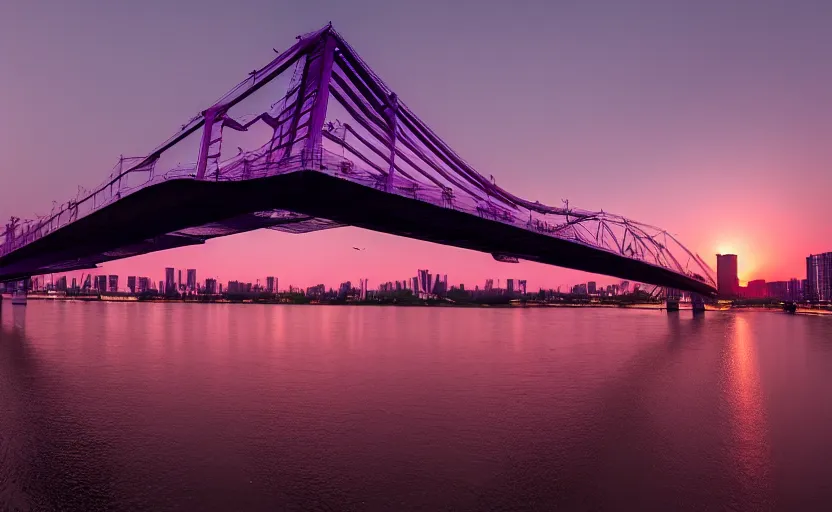 Image similar to a photo of wuhan, river, bridge, sunset, purple sky, cinematic, 8 k, highly - detailed