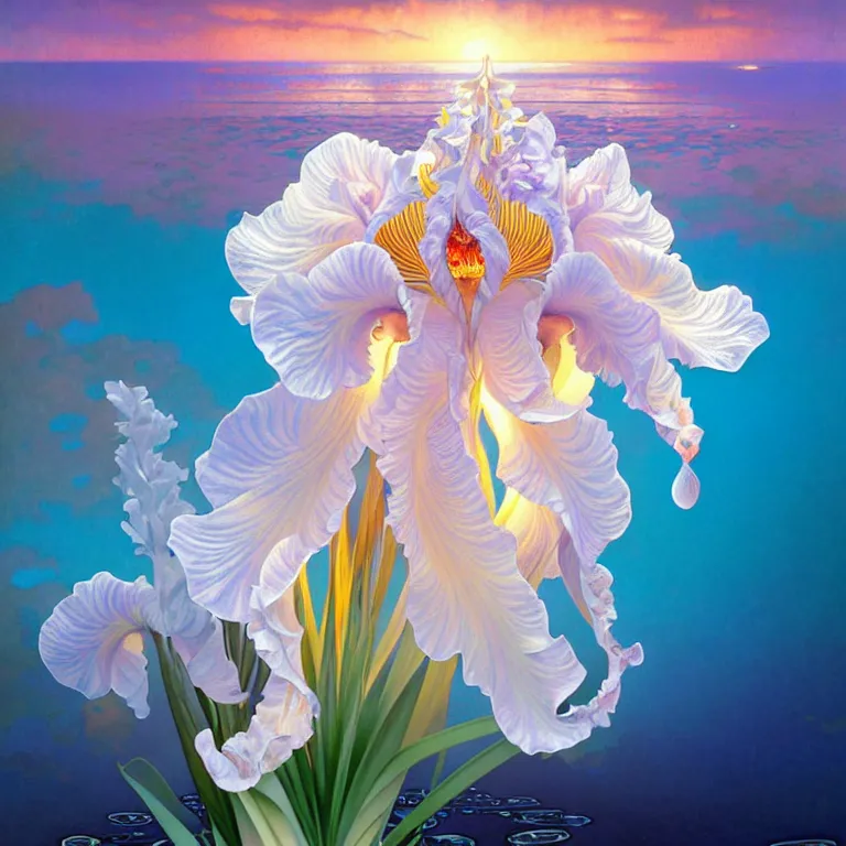 Image similar to detailed giant white holographic orchid iris hybrid flower surrounded by ocean waves, lsd water, lsd ripples, droplets, backlit, sunset, refracted lighting, art by collier, albert aublet, krenz cushart, artem demura, alphonse mucha