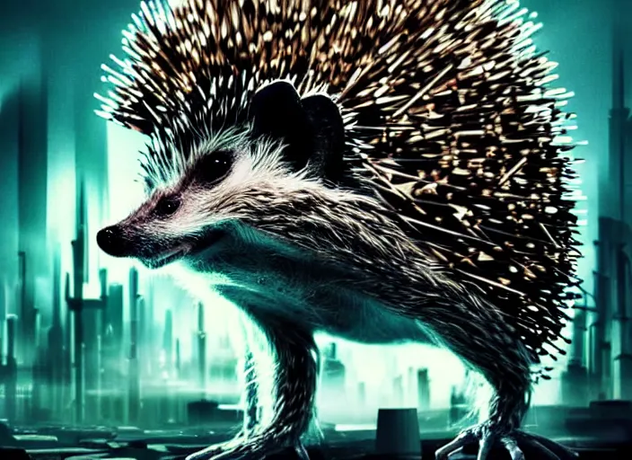 Image similar to portrait of a intricate hedgehog cyborg, on the background of a weird magical mechanical forest. Very detailed 8k. Fantasy cyberpunk horror. Sharp. Cinematic post-processing.