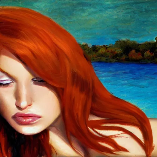 Image similar to reclining gorgeous redhead in sun, photorealistic,