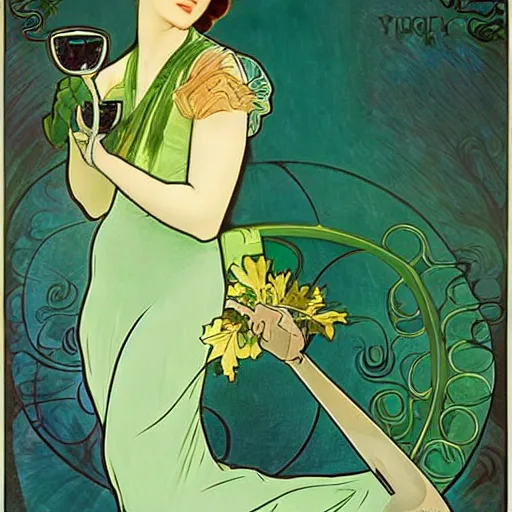 Image similar to a black cat with green eyes, holding a champagne flute filled with blue liquid, green background, in the style of Alphonse Mucha