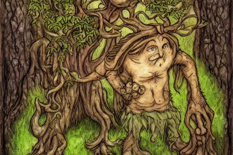 Image similar to a druid treefolk with troll face, standing in the forest, in the style of Tony Diterlizzi and Brian Froud, painterly