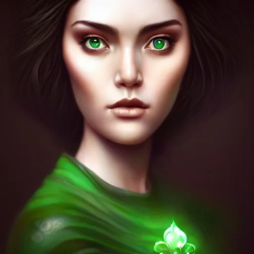 Prompt: gorgeous female Jade Tailor, realistic character concept, black hair, green dress, forest, trees, medium shot, shorter neck, illustration, symmetrical face and body, photo realism, cinematic lighting, hyperdetailed, detailed realistic symmetrical eyes, artgerm, Tom Bagshaw, single face, insanely detailed and intricate, beautiful