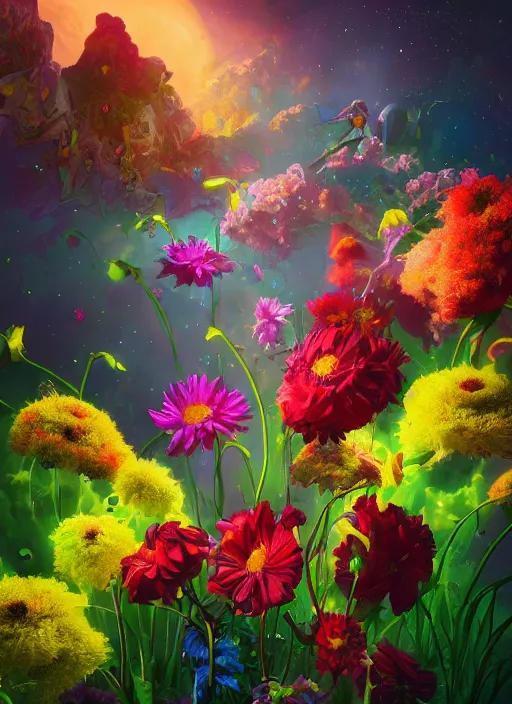 Image similar to An epic fantastic realism comic book style painting of the most beautiful flowers launched across the galaxy, bouquets, fisheye lens, unreal 5, DAZ, hyperrealistic, octane render, dynamic lighting