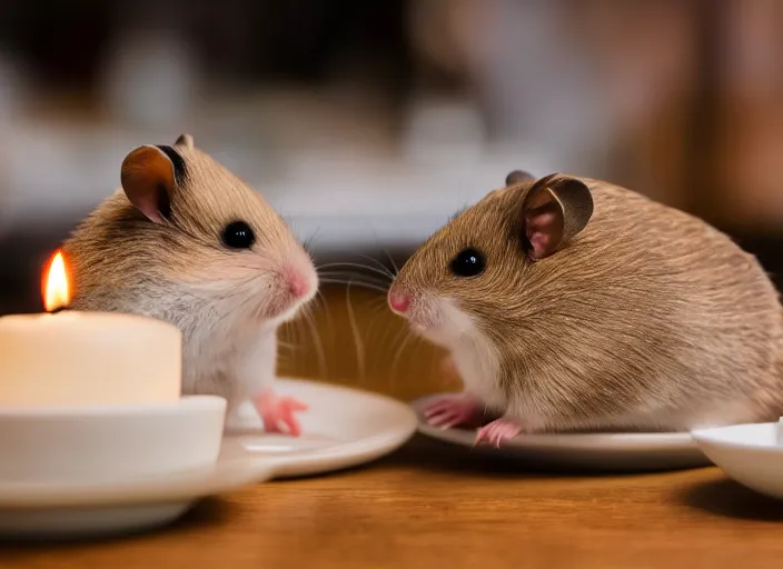 Prompt: photo of a hamster various michelin dishes, at night, candlelit restaurant table, various poses, unedited, soft light, centered, sharp focus, 8 k