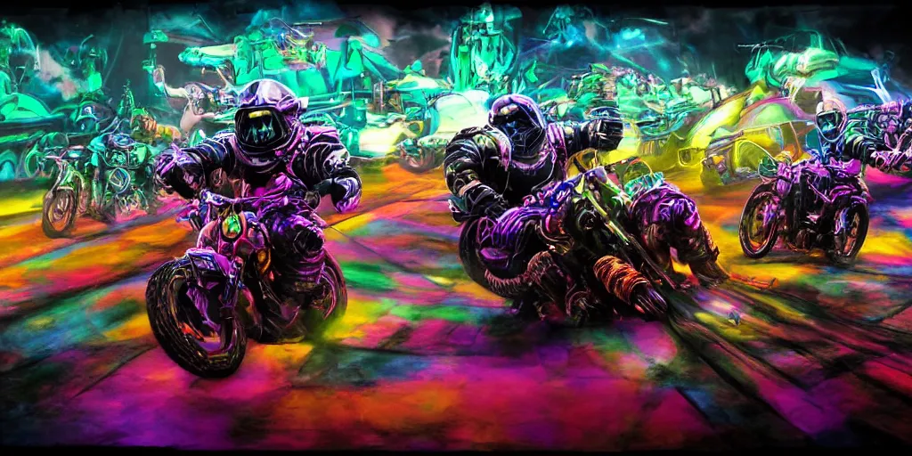 Image similar to psychedelic blacklight neon airbrush artwork, motorcycles, hyper stylized cinematic action shot of orcs in battle armor racing on motorcycles, menacing orcs, drifting, skidding, wheelie, clear focused details, soft airbrushed artwork, black background, post apocalypse, cgsociety, artstation