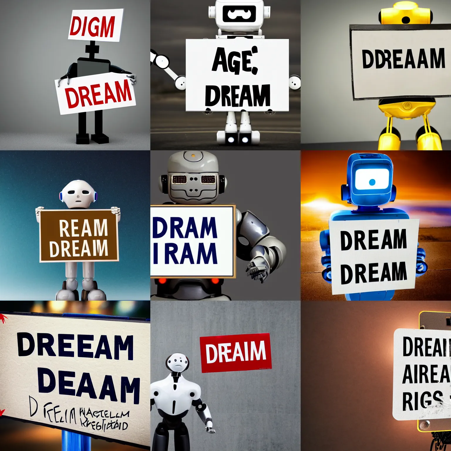 Image similar to realistic high quality photo of artificial intelligence robot holding a sign with text that reads : dream