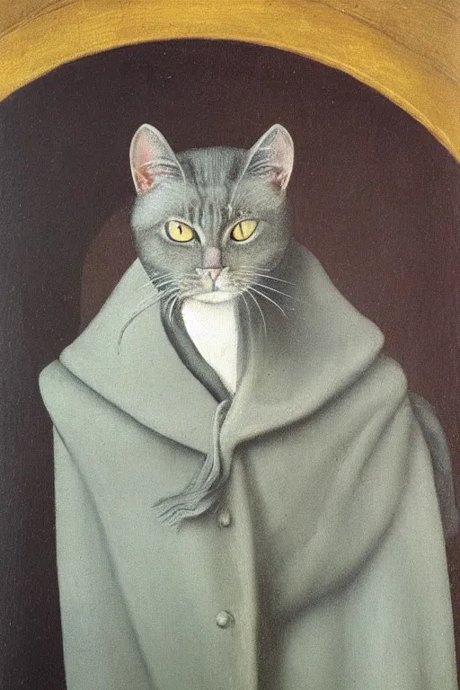 Prompt: hierronymus bosch oil painting portrait of a cat in a pea coat. muted colour palette