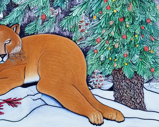 Image similar to unfinished colouring book showing 'a cougar sleeping in the middle of snowy pine tree' laying on coffee table, zoomed out shot, HD,