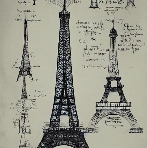 eiffel tower schematics sketched by leonardo da vinci | Stable Diffusion