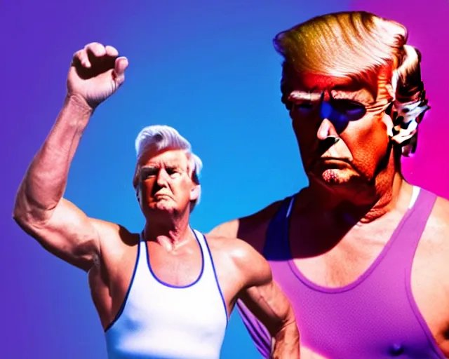 Image similar to Donald Trump in 80s workout gear, laser background, vaporwave aesthetic