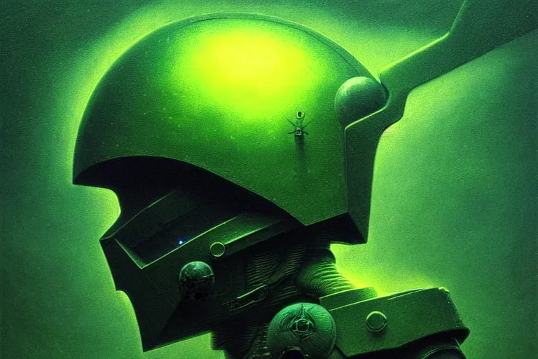 Image similar to futuristic helmet of a future soldier, in the style of beksinski, solarpunk, atmospheric, clean, intricate and epic composition, green by caravaggio, insanely quality, highly detailed, masterpiece, blue light, artstation, 4 k