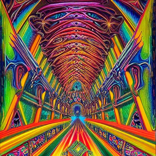 Image similar to beautiful painting of the inside of a dmt cathedral filled with magical energy and infinite rooms by mad dog jones and alex grey