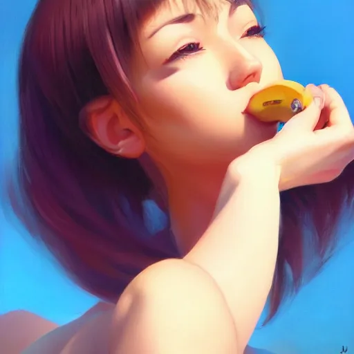 Image similar to oil painting by ilya kuvshinov,, baugh casey, rhads, coby whitmore, of a youthful japanese idol, long hair, holding banana, outdoors, highly detailed, breathtaking face, studio photography, dawn, intense subsurface scattering, blush, supple look, innocence, intense sunlight