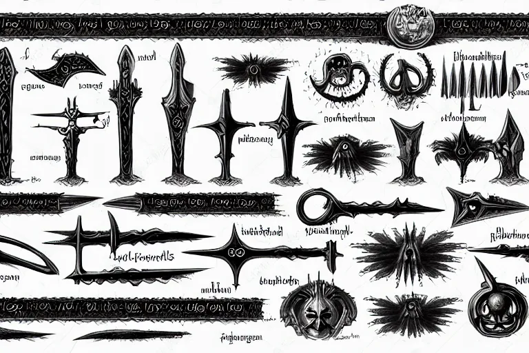 Image similar to illustration of design sheet of various necromancy tools, occult