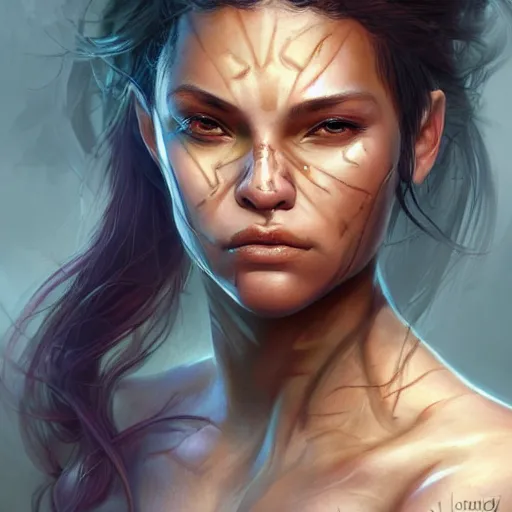 Image similar to beautiful, very strong, mixed race, female, middle aged, face, no makeup, no tattoos, warrior, battle hardened, head shot, fantasy, highly detailed, digital painting, artstation, concept art, smooth, sharp focus, illustration, art by jodie muir and brom