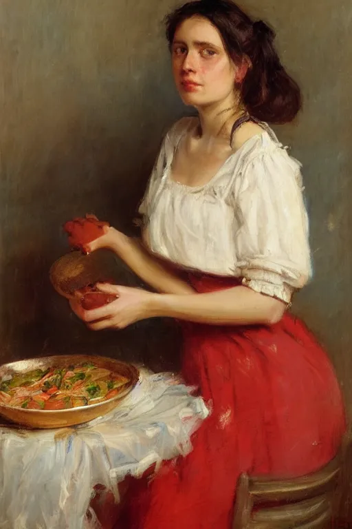 Image similar to Solomon Joseph Solomon and Richard Schmid and Jeremy Lipking victorian genre painting full length portrait painting of a young woman preparing a meal, red background