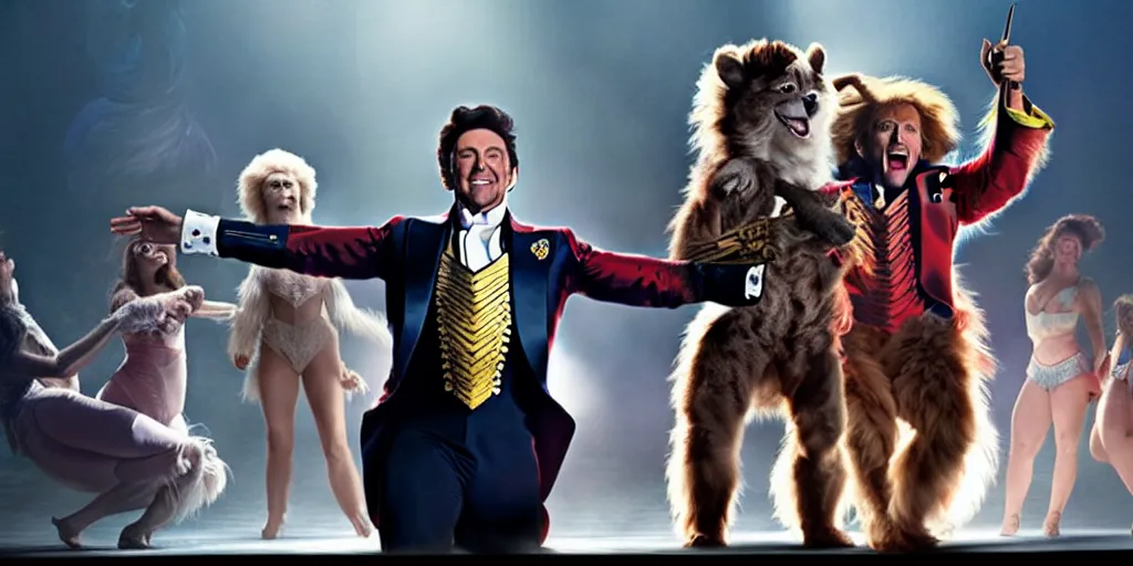 Image similar to Hugh Jackman in Greatest Showman standing 6 feet from a plink fluffy furry monster making silly faces on a stage with spotlights, movie still