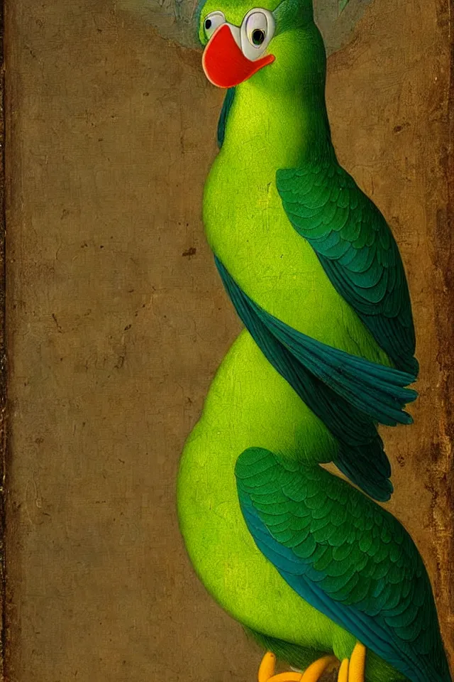 Image similar to a renaissance portrait of donald duck as a green parrot, beautiful intricate painting