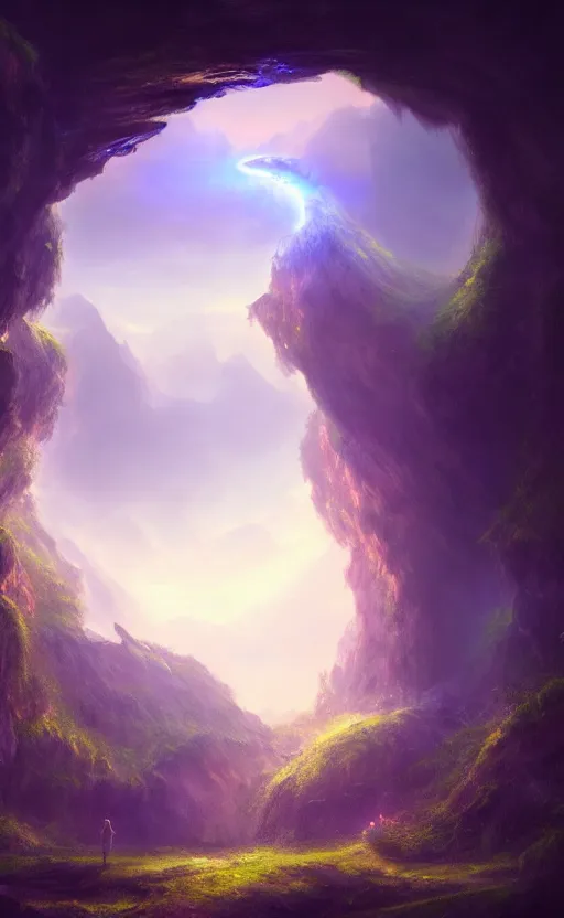 Image similar to a portal into heaven in the distance of a giant cave, dynamic lighting, ambient lighting, atmospherical, photorealistic fantasy concept art, trending on art station, stunning visuals, creative, cinematic, ultra detailed