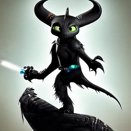 Image similar to “ creature in the style of how to train your dragon holding laser gun, floating alone, with a black background, digital art, award winning, trending on art station, retro style ”