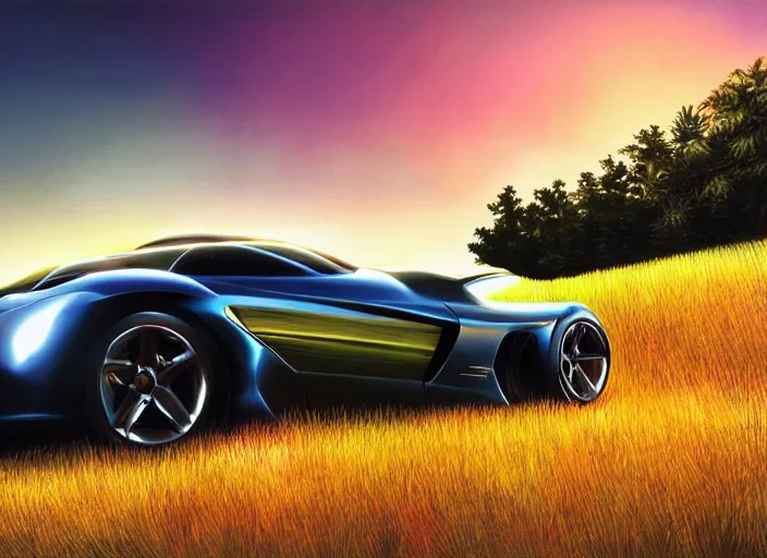 Image similar to cinematic fast futuristic sportscar in a lush field, shiny, oil on canvas, beautiful lighting, photorealistic, sharp, sunset, by scott robertson