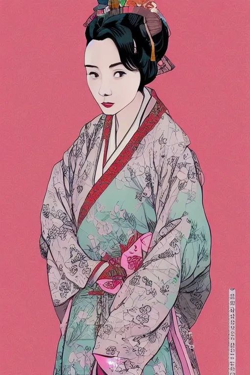 Image similar to a girl with pink short hair in a chinese hanfu with rich details, by tomer hanuka
