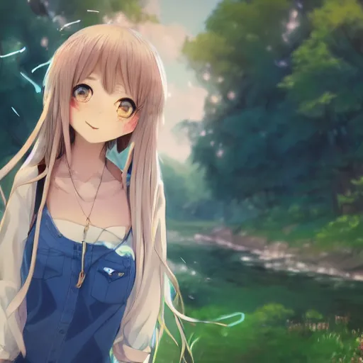 Image similar to a very beautiful anime girl, full body, long wavy blond hair, sky blue eyes, full round face, short smile, cute top, short jeans, summer lake setting, cinematic lightning, medium shot, mid-shot, highly detailed, trending on Artstation, Unreal Engine 4k, cinematic wallpaper by Stanley Artgerm Lau, WLOP, Rossdraws, James Jean, Andrei Riabovitchev, Marc Simonetti, and Sakimichan