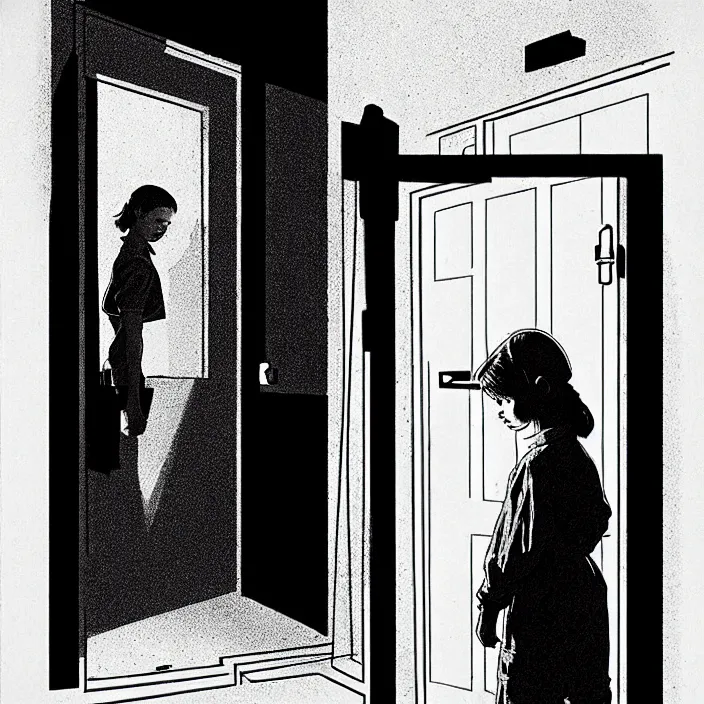 Prompt: [ sadie sink in dirty workmen clothes opens the door to enter ] [ a very dark dingy 1 9 6 0 s house ]. technique : black and white pencil and ink. by gabriel hardman, joe alves, chris bonura. cinematic atmosphere, detailed and intricate, perfect anatomy