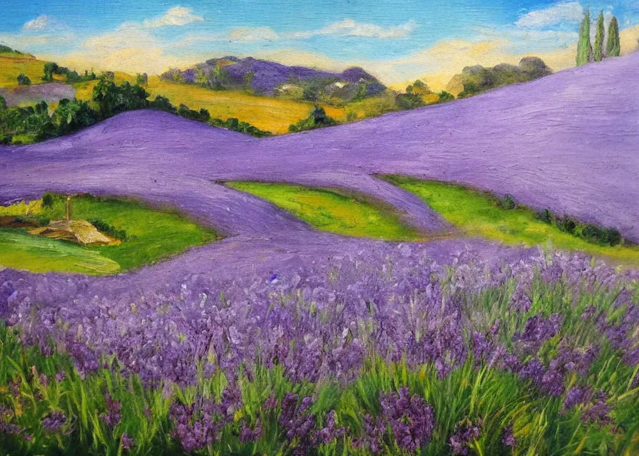 Image similar to lavander field in italian landscape, oil painting