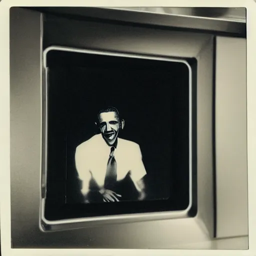 Prompt: Barack Obama sitting in a microwave, polaroid photograph