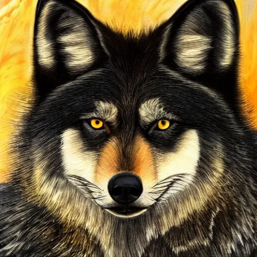Prompt: black wolf in an australian desert, gold colored eyes, classic painting