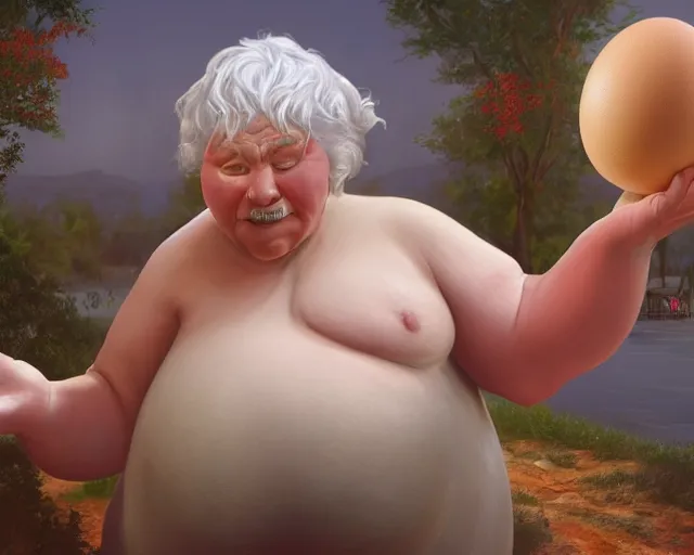 Image similar to of a very beautiful scene. ambient occlusion render. a sweet fat old woman is nursing a beautiful colorful huge egg. hyper realistic. 4 k. wide angle. baroque style. wild. symmetrical face, red mouth, blue eyes. deep focus, lovely scene. ambient occlusion render. concept art. unreal engine.