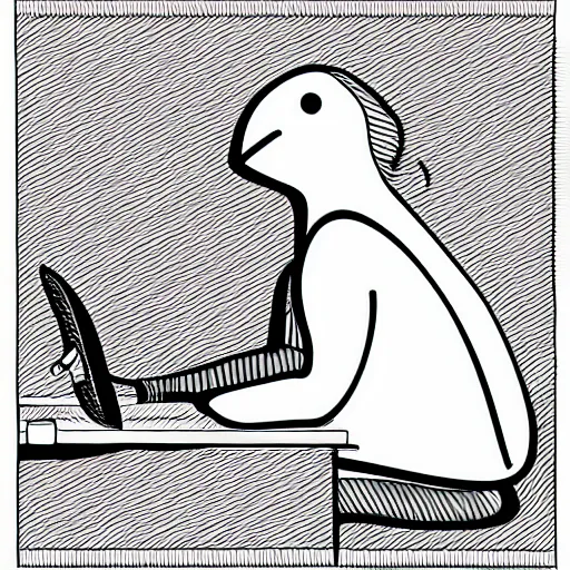 Image similar to worried humanoid fish sitting in front of a computer, black and white vector art