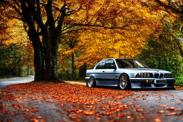 Image similar to A modified BMW e36 parked in a road with trees, autumn season, rain, Epic photography, taken with a professional camera, 10 mm, depth of field, highly detailed