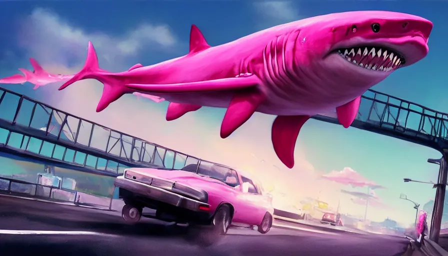 Image similar to an oil painting of a giant pink shark falling out of a blue sky onto cars on a busy bridge, artstation, cinematic lighting