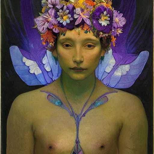 Image similar to the flower crown, by Annie Swynnerton and Nicholas Roerich and Diego Rivera, bioluminescent skin, tattoos, wings made out of flowers, elaborate costume, geometric ornament, symbolist, cool colors like blue and green and violet, smooth, sharp focus, extremely detailed