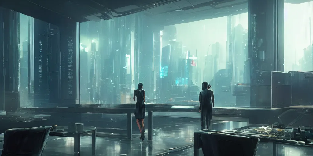 Image similar to virtual metaverse room, elegant, hiring bot welcoming 6 participants, futuristic avatars, by greg rutkowski, cyberpunk 2 0 4 8, blade runner 2 0 9 9, 4 k, ominous, golden ratio, awe inspiring